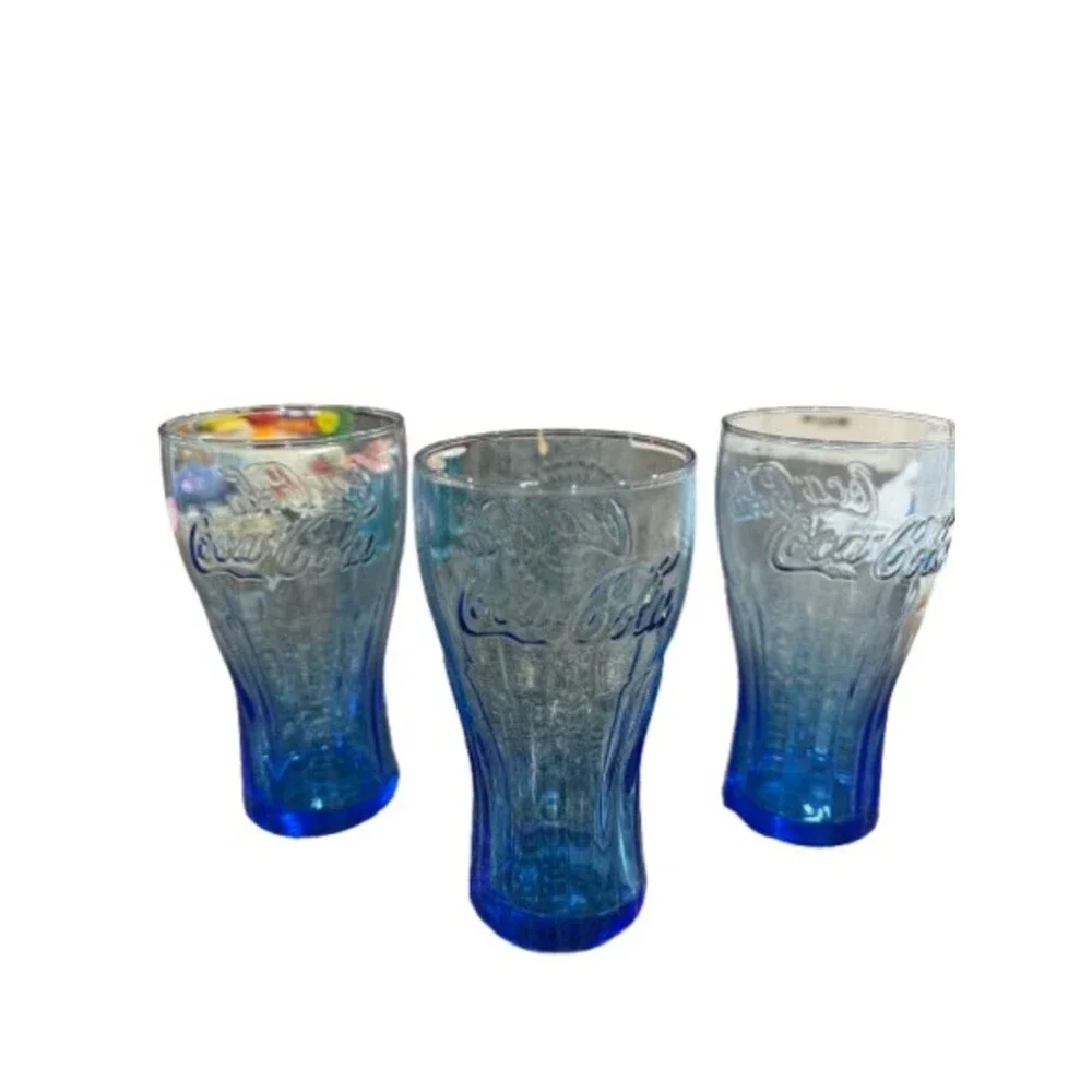 Vtg Coca-Cola Rare Cobalt Blue Ribbed Contour Shape Glasses with Embossed Script